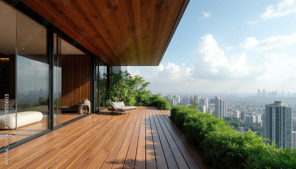 Obraz premium Modern condo penthouse living area with wooden balcony overlooking city skyline and garden. Indoor outdoor space for relaxation and luxury lifestyle, offering expansive urban views.