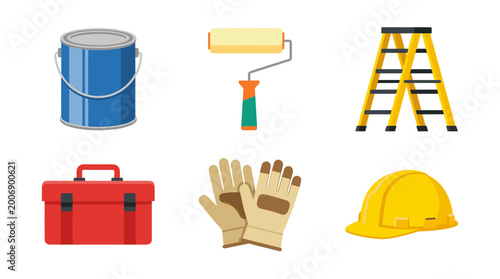 vector home renovation diy painting tools set with paint can roller ladder toolbox safety gloves and