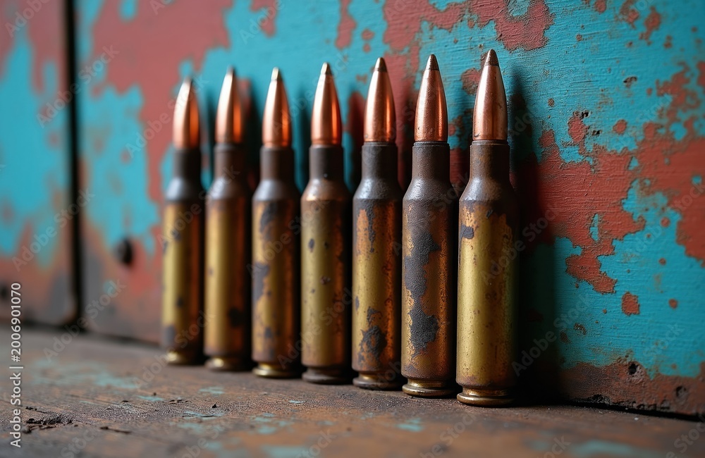 Fototapeta premium Seven rusty rifle cartridges stand in a row on a weathered wooden surface against a distressed teal and red wall. Aged ammunition shows signs of wear and corrosion, hinting at conflict or history.