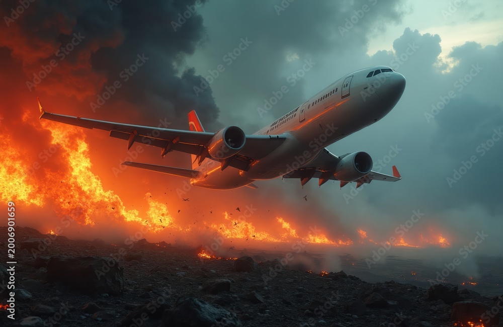 Fototapeta premium Airplane flies low over burning land. Intense fire and smoke fill sky. Aircraft navigates disaster zone, avoiding fiery explosions. Catastrophe unfolds below as plane continues flight.
