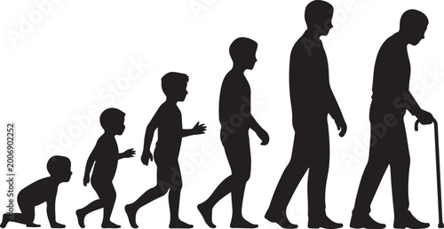 People of different ages. Silhouette of a man from a baby to an old man on a white background, black icon silhouette vector