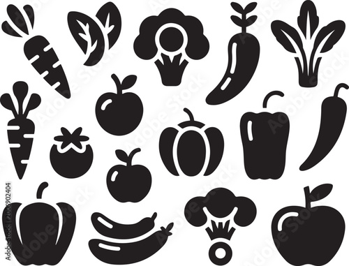 Set of vegetable silhouettes and healthy food icons isolated on white background, black icon silhouette vector