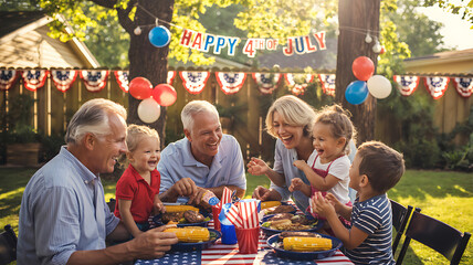 Fourth of July Family Backyard BBQ Celebration with Multi-generational Group Enjoying Outdoor Dining and Patriotic Decor