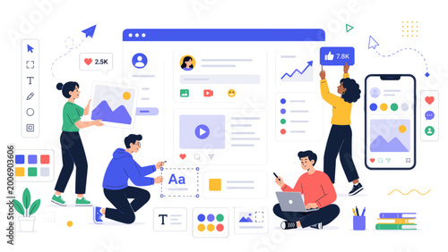 Creative team designing social media interface with mobile preview, image cards, video post, analytics charts, reaction icons and flat style toolbar