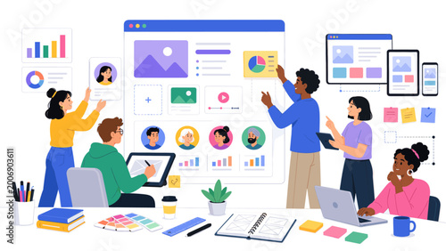 Creative team planning a responsive web dashboard with profile cards, charts, device previews, wireframes and color swatches in flat style