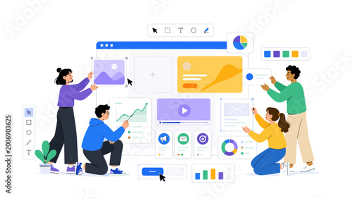 Creative team arranging colorful web interface components with wireframes, charts, video panel and design tools in modern flat vector style