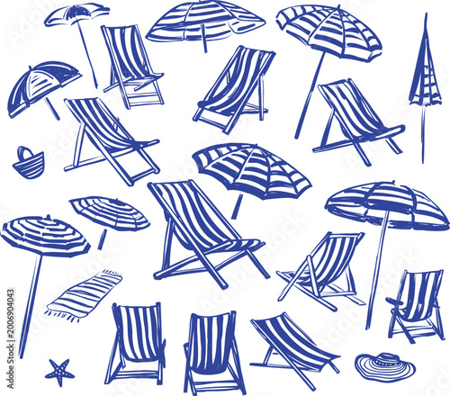 Blue hand drawn beach set with umbrellas deck chairs towels and summer accessories