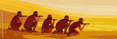 Ancient scouts with telescopes observing desert landscape at sunrise, biblical spies searching promised land, flat vector illustration