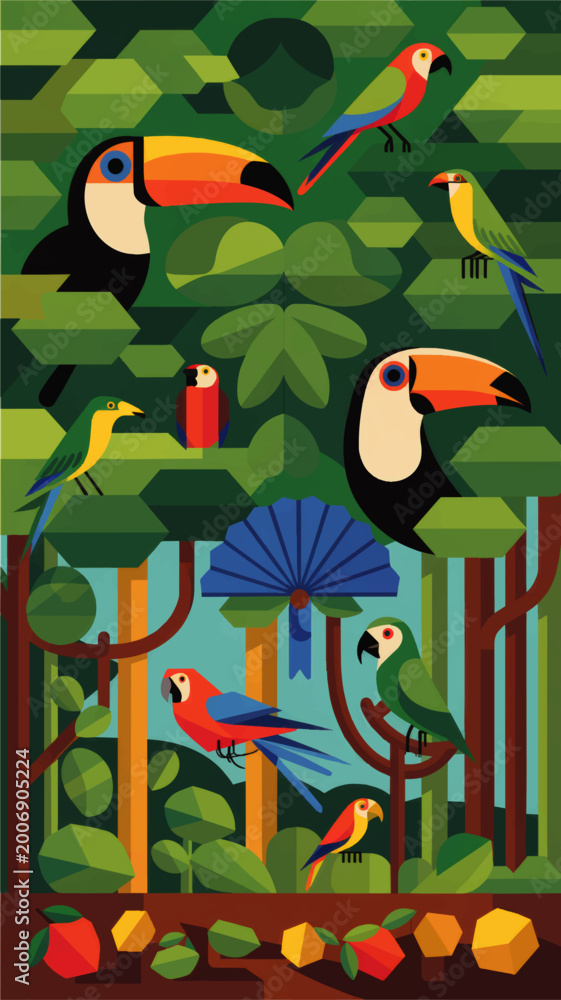Fototapeta premium Colorful tropical birds in geometric rainforest illustration with toucans parrots foliage jungle nature background