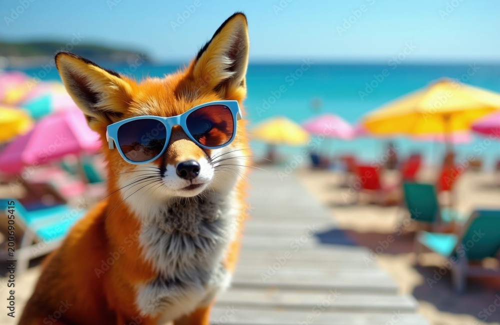 Fototapeta premium Fox wears sunglasses on beach boardwalk. Colorful umbrellas and chairs create a cheerful seaside backdrop. Sunlight enhances the vibrant beach scene.