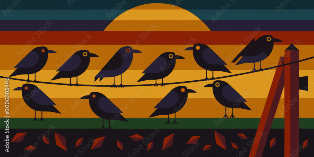 Fototapeta premium Minimalist crows on wire at sunset, flat geometric bird illustration with warm autumn colors and modern graphic style