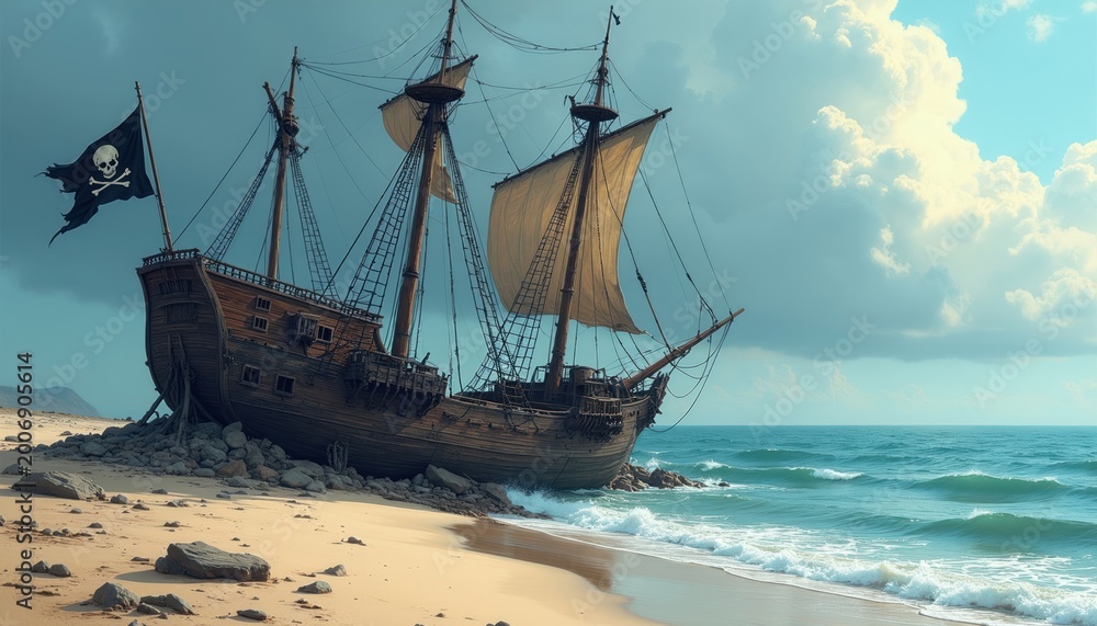 Obraz premium Old wooden pirate ship wrecked on sandy beach ocean shore. Black Jolly Roger flag with skull and crossbones flies from mast. Broken vessel sits partially submerged near rocky coast with waves.