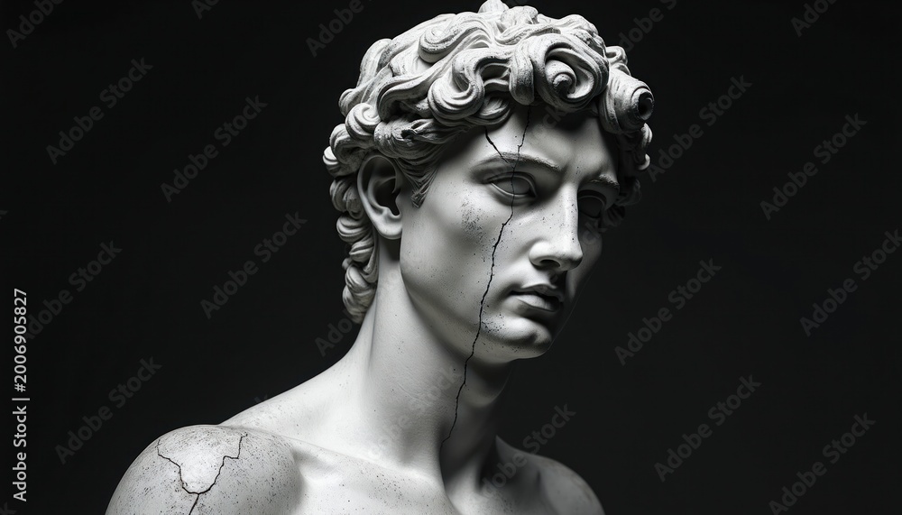 Naklejka premium Ancient Greek marble statue head bust with visible cracks. Classical sculpture, male figure, dark background, historical art piece, symbol of impermanence, fragility, and past glory.