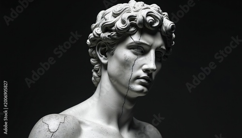 Ancient Greek marble statue head bust with visible cracks. Classical sculpture, male figure, dark background, historical art piece, symbol of impermanence, fragility, and past glory.