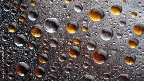 Shimmering Water Droplets on Dark Surface: Abstract Texture with Golden Reflections for Creative Projects