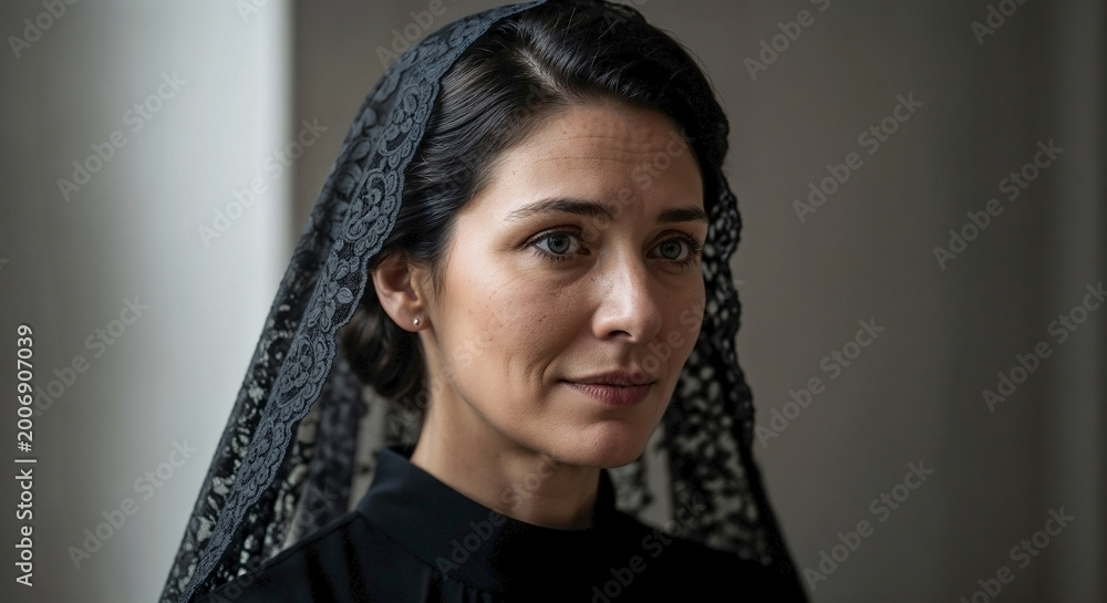 Obraz premium Mourning widow with solemn expression, wearing black lace veil and dark attire. Woman shows deep emotion, mourning widow reflecting on loss and grief. Concept remembrance, resilience.