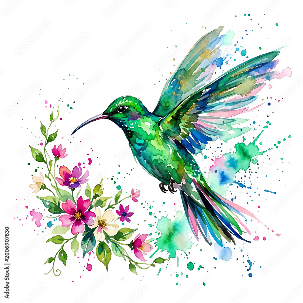 Fototapeta premium Emerald-green hummingbird in graceful flight Watercolor Animal Illustration Hand Painted