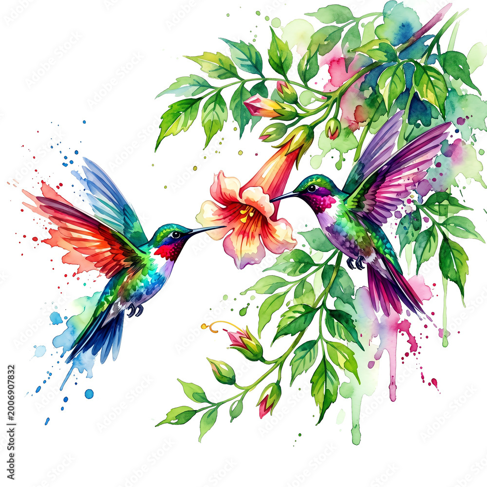 Obraz premium Two hummingbirds darting near a single trumpet flower Watercolor Animal Illustration Hand Painted