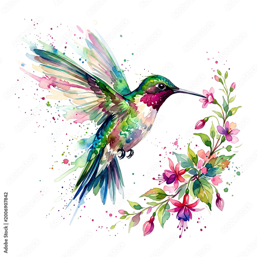 Fototapeta premium Hummingbird in flight with wings blurred mid-air Watercolor Animal Illustration Hand Painted