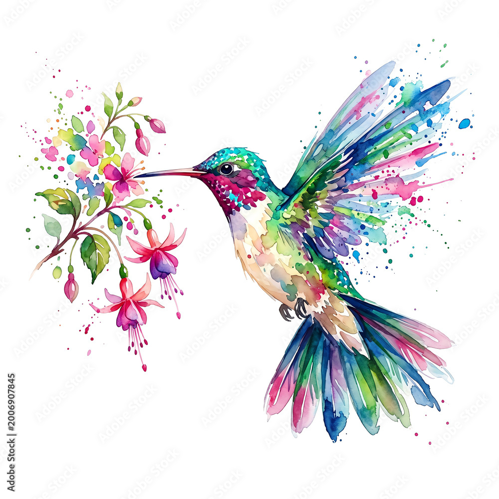 Obraz premium Hummingbird in profile with tail fanned and wings spread Watercolor Animal Illustration Hand Painted