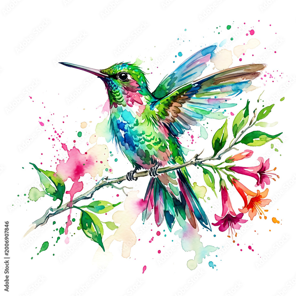 Fototapeta premium Single hummingbird perched in profile on a slim twig Watercolor Animal Illustration Hand Painted