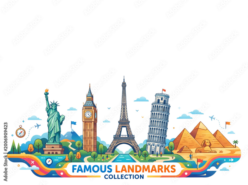 Fototapeta premium Famous World Landmarks Travel Collection Banner Illustration