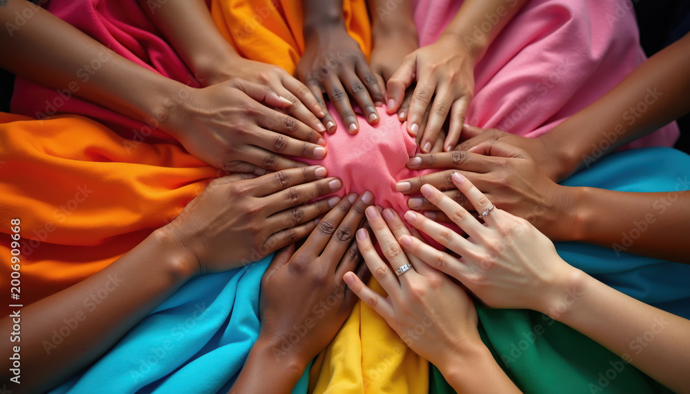 Fototapeta premium Many hands different skin tones touch gently in center. People unite, join together for common goal, express unity and support. Diverse group forms circle around bright fabric.
