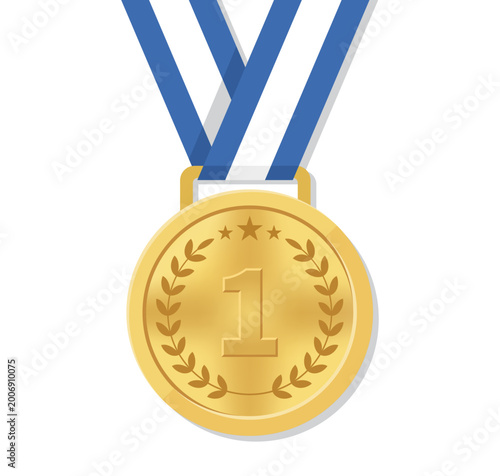 First-place gold medal illustration with blue and white  ribbon
