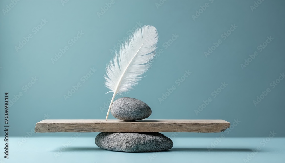 White feather rests on gray stone atop wooden plank, symbolising nature, balance, and simplicity. Objects create delicate, tranquil composition. Soft blue background, neutral tones.