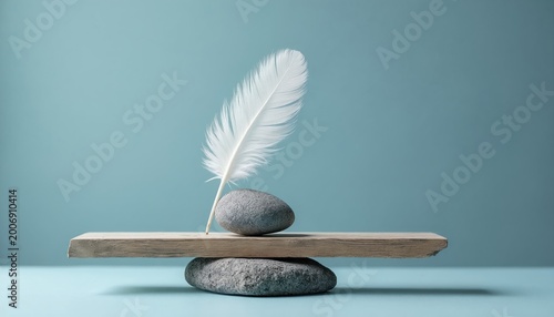 White feather rests on gray stone atop wooden plank, symbolising nature, balance, and simplicity. Objects create delicate, tranquil composition. Soft blue background, neutral tones.