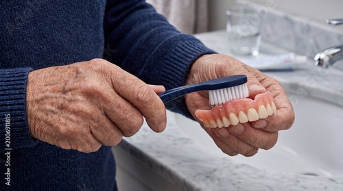 Senior person cleaning dentures with a toothbrush over a bathroom sink, dental hygiene for elderly.