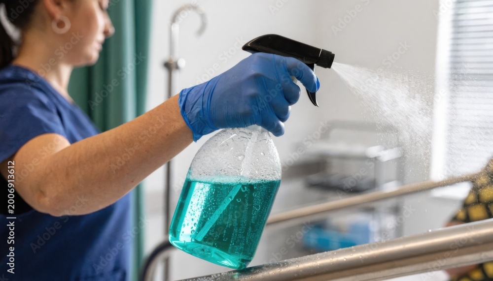 Obraz premium Nurse applying certified low toxicity biobased cleaner on hospital bed rail bottle and hand detailed in focus patient room elements softened in the background.