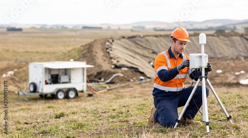 Medium shot of field technician deploying portable sensors near waste cells for methane detection with control trailer and open fields out of focus