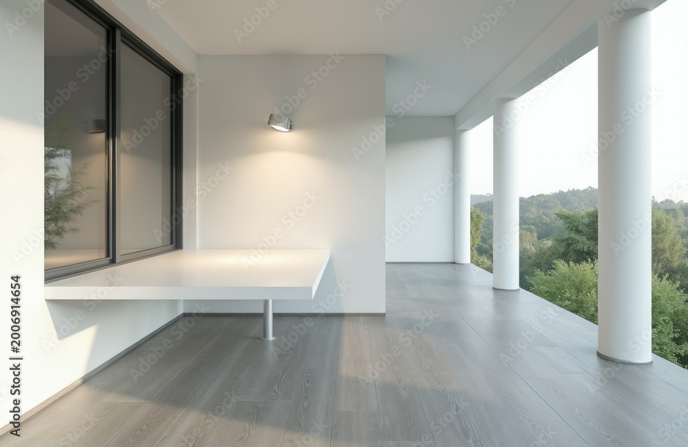 Obraz premium Modern white loggia with minimalist bench seat and large window overlooks rich green forest. Outdoor space features columns and wooden floor, offering serene tranquil retreat.