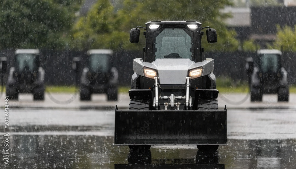 Fototapeta premium Zeroemission skid steer loader featured clearly midframe with a blurred background of silent compact batterypowered machines on charge.
