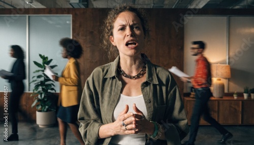 Dynamic medium shot of a company spokesperson articulating a recall notice sharp focus on intense facial expression while assistants in background remain out of focus.