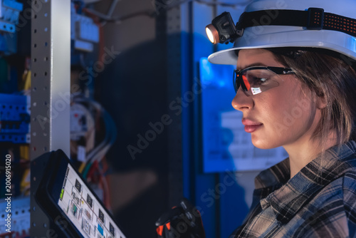 Electrical engineer analyzing power system diagram on tablet. Technical inspection.