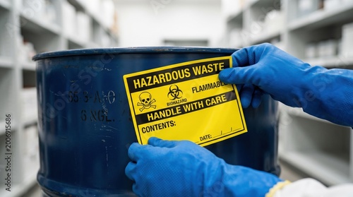 Closeup on hands gloved for safety as they apply a safety label to a hazardous waste drum in a sterile lab storage room with blurred shelves behind.