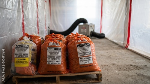 A midrange view of labeled asbestos containers organized for pickup with the abatement rooms plastic sheeting and ventilation system softly blurred beyond.
