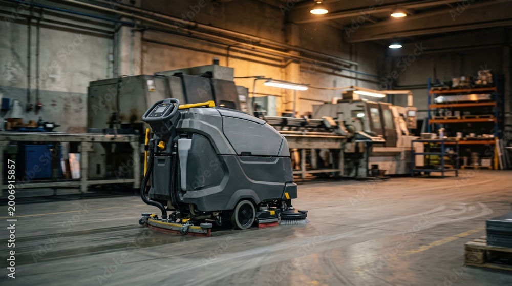 Naklejka premium Medium shot of an autonomous rental floor scrubber gliding through a dimly lit factory main unit in sharp focus while background machinery blurs softly.