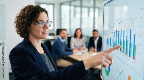 Focused view of a digital strategist pointing at detailed campaign analytics on a large monitor showcasing clear data charts with the client team sitting out of focus.