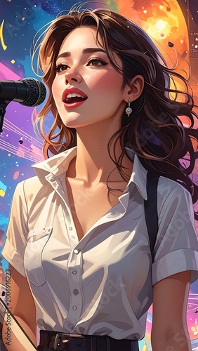 A woman with long brown hair wearing a white shirt sings