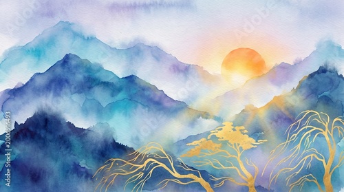 Watercolor Landscape Painting of Misty Blue Mountains and Golden Sunrise