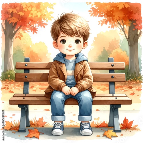 A young boy with brown hair sits on a bench