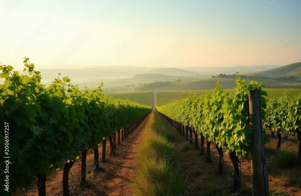 Naklejka premium Vineyard rows stretch towards hills under soft morning light. Lush green grapevines grow on fertile land. This scenic landscape offers a peaceful rural escape.