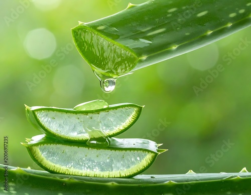 Aloe vera gel being poured onto sliced aloe leaves