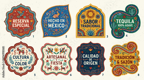 Set of colorful vector labels with spanish phrases for tequila food and culture decorative stickers