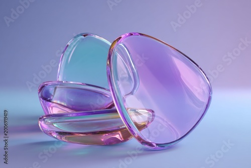 Abstract Glass Shapes with Iridescent Light Reflections.
