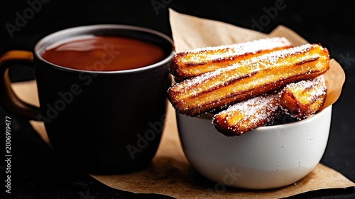 Delicious churros and hot chocolate served together.