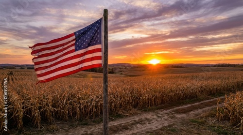 American flag waving in front of a golden cornfield at sunset with dramatic clouds
